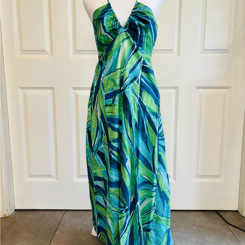 H&M Maxi Halter Dress in Blue & Green Abstract Print